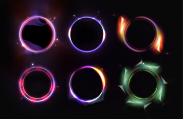 Wall Mural - Glowing neon rings with halo effects and colorful plasma for futuristic design. Bright circular frames with stars and smoke wisps. Luminous portal borders for gaming interface or sci fi graphics.