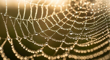 Delicate Spiderweb Adorned with Morning Dew Illuminated by Golden Sunlight in a Natural Setting