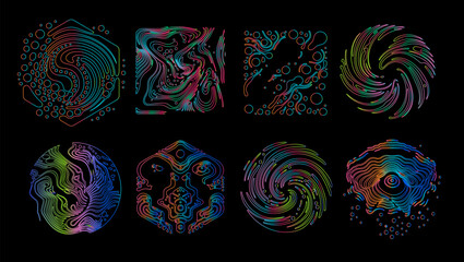 Wall Mural - Modern abstract vector illustration in neon line style, featuring swirling, circular, and geometric shapes in gradients of blue, green, pink, and purple on black. Theme: abstract energy and movement.