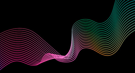 Wall Mural - Vector illustration in modern minimal style, showing colorful wavy neon lines on a black background. Abstract theme with smooth gradient colors like pink, green, blue forming fluid curved shapes.