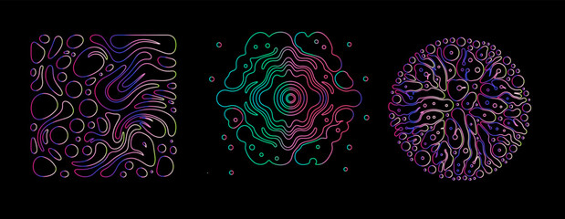Wall Mural - Modern abstract vector illustration in neon line style, featuring swirling, circular, and geometric shapes in gradients of blue, green, pink, and purple on black. Theme: abstract energy and movement.