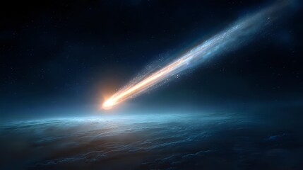 Wall Mural - Comet streaking across space with icy glowing tail and focused lighting effects in detail