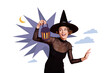 © deagreez - Composite photo collage of happy witch girl fairy hold flashlight dark night halloween black magic wizard isolated on painted background
