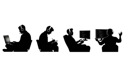 Collection of gamer and programmer silhouettes with headphones using a laptop controller and computer for technology concepts.
