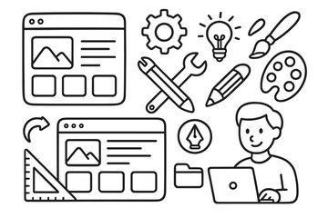 Web design and UI UX development doodle concept. Vector line art icons set for website creation process. Includes user on laptop, wireframe, and creative tools illustration.