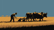 © aziz - Vintage style farmer plowing field with oxen, evoking rural traditions and agricultural heritage in a timeless countryside scene under a clear sky