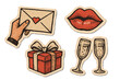 © Thersa - Retro Valentine's Day sticker pack. Grunge collage elements with vintage halftone texture. Vector love letter, kiss lips, gift box, and champagne for a romantic celebration.