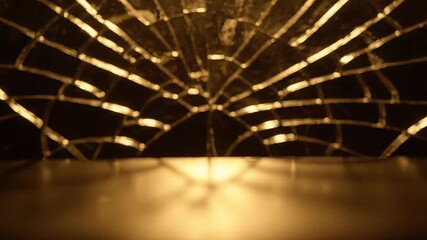 Intricate spider web catching golden light in a dark environment