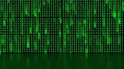 Digital rain of glowing green binary code cascades down a dark background, representing technology and data flow.