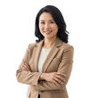 © noyon.me121 - Smiling asian woman wearing a tan blazer and white shirt with arms crossed confidently isolated on transparent background