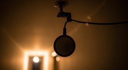 suspended circular object silhouette with glowing background