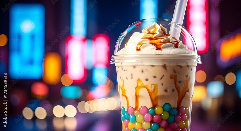 Boba tea in plastic cup with tapioca pearls and cream on city ...