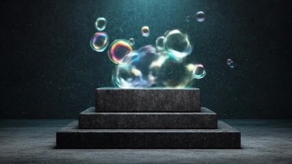 Bubbles floating above a stone pedestal against a dark background