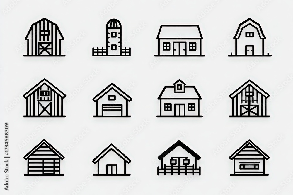 This artwork displays a series of line drawings that illustrate different farm buildings, including barns, silos, and homes.