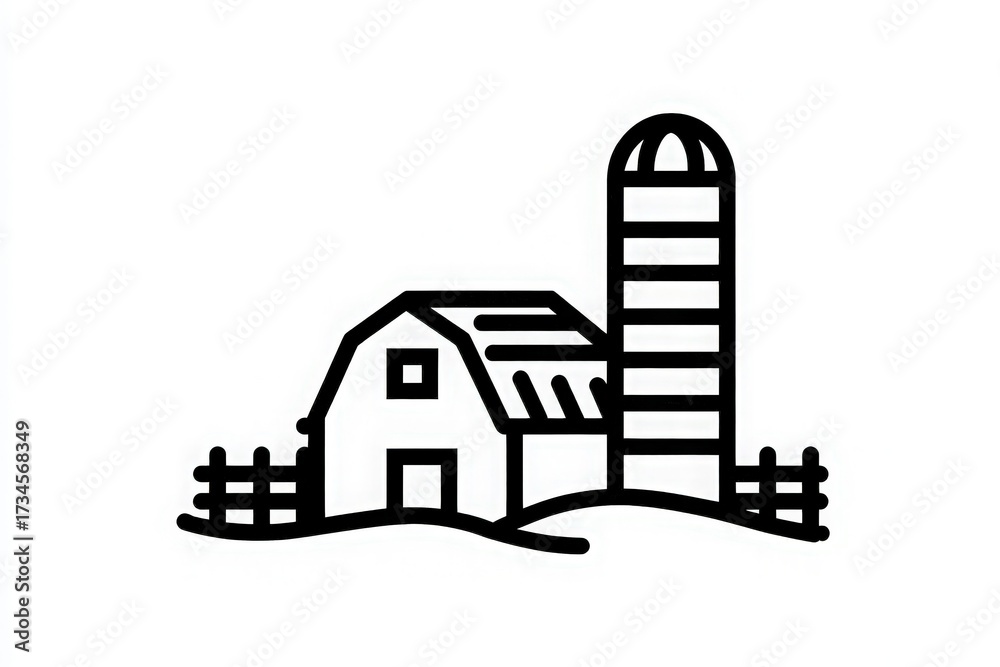 A simple farmhouse stands beside a tall silo, surrounded by a wooden fence. The scene captures a peaceful rural setting during daylight, highlighting the charm of farm life.