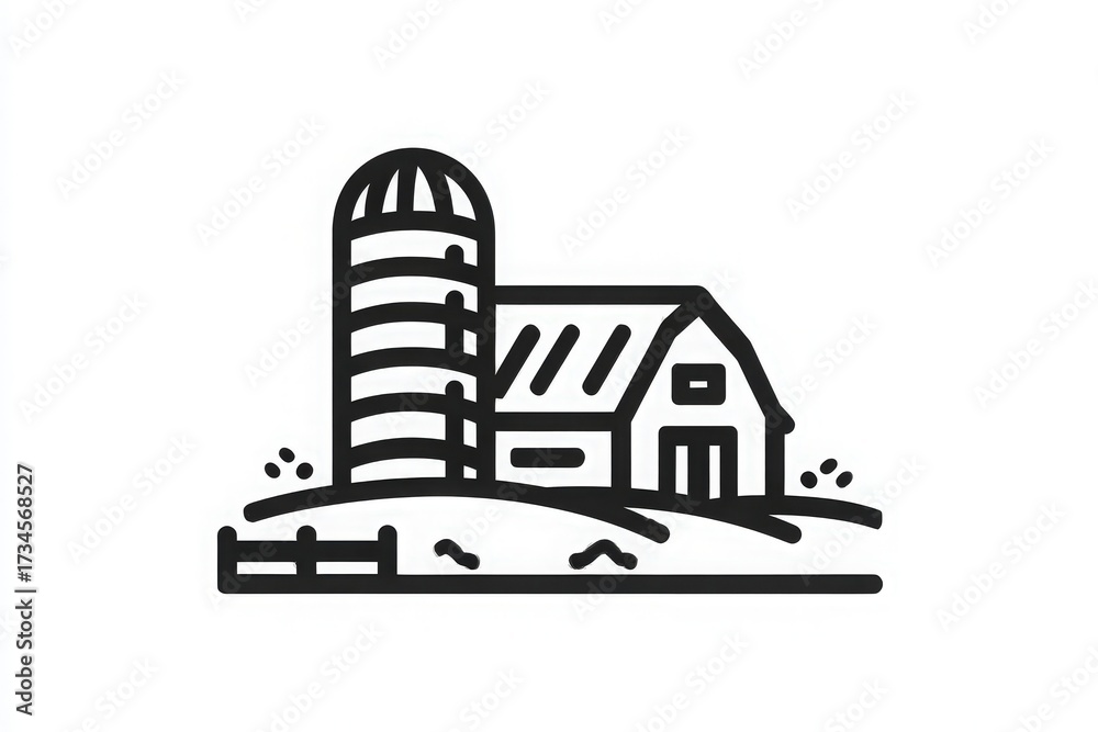 A vintage barn sits beside a tall grain silo on a sunny day. Lush green hills surround the farm, and a wooden fence runs along the side, completing the serene countryside scene.