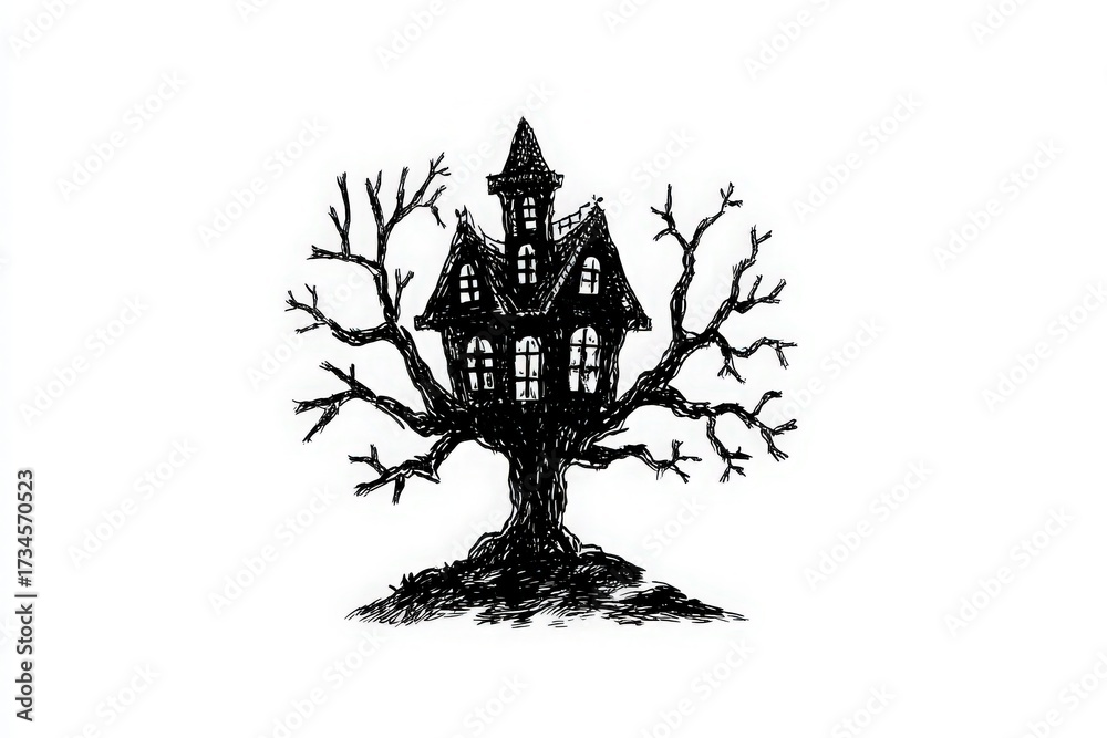A spooky house with a pointed roof stands atop a large gnarled tree. Dark branches extend outward, while the house has windows that glow faintly, creating an eerie atmosphere.