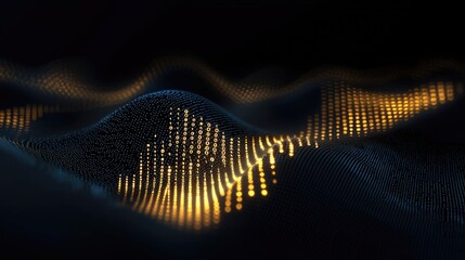 Abstract digital wave pattern with glowing binary code.