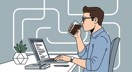 Illustration of a programmer working on a laptop while drinking coffee at the desk