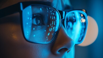 Woman coding, night, glasses, data, screen reflection, tech work