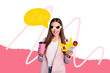 © deagreez - Composite photo collage of funny girl weird eyes hold coffee to go cup iphone device receive message speak isolated on painted background