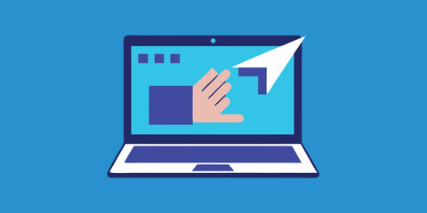 Hand interacting with a laptop screen, showcasing digital interface design