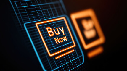 Digital interface with glowing Buy Now button and shopping icon