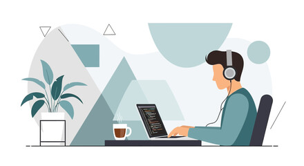 Illustration of a software developer working on a laptop with headphones on at his desk