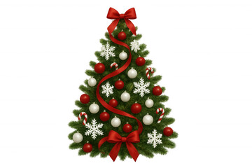 Wall Mural - Christmas tree decorating with red bows, white snowflakes, candy canes, and festive ornaments on transparent background