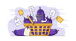 © Hery - Cartoon eggplant character comparing prices in a shopping basket illustration