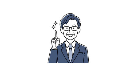 A confident and knowledgeable business professional pointing upwards, offering clear explanation, insightful advice, or a brilliant new solution with a friendly smile