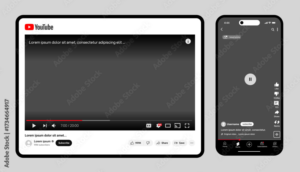 Vetor YouTube video player mockup for mobile and desktop with playback ...
