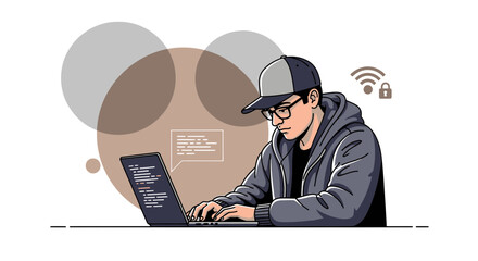 Illustration of a Focused Young Programmer Coding on Laptop with Security Symbols