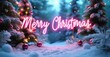 © antishock - Festive scene depicts snowy landscape, illuminated trees, bright Merry Christmas text. Winter holiday greeting, warm glow, peaceful ambiance.