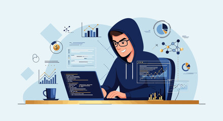Illustration of a focused developer coding with data analytics and financial visualizations