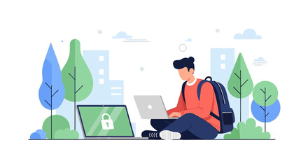 Man working on a laptop in the park, cybersecurity concept, secure connection online, digital