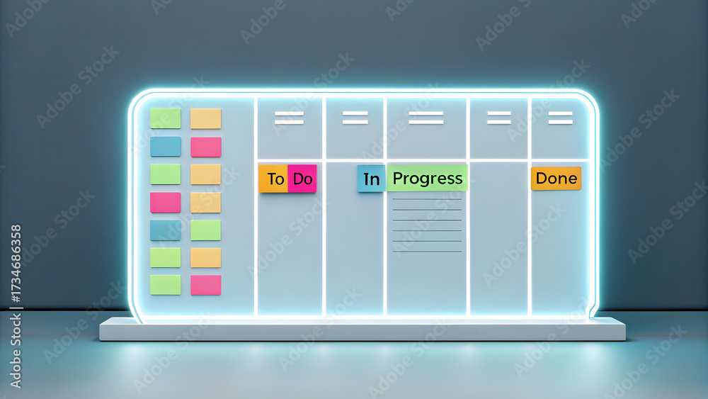 Modern illuminated kanban board with sticky notes for project ...