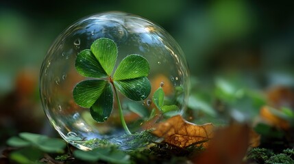 Wall Mural -   A ball with four leaves, sitting on mossy ground surrounded by foliage