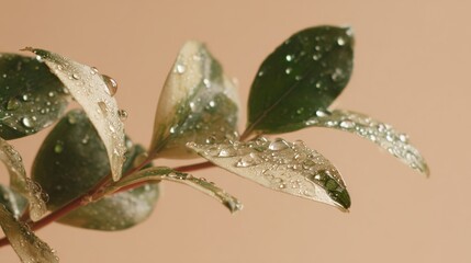Wall Mural -   A detailed photo of a plant's foliage droplets against a pink backdrop