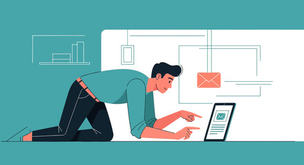 Cartoon man using tablet to communicate with email interface and graph elements in background