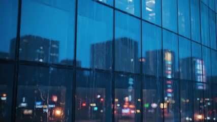 Wall Mural - Rainfall streams down a large glass building facade at dusk, reflecting blurred city lights with an upward-tilting camera movement advertising, weather, modern