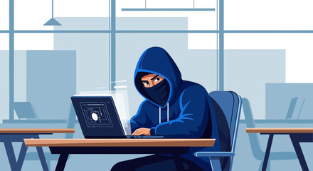 Illustration of a Hacker in a Blue Hoodie Using a Laptop in a Modern Office Setting