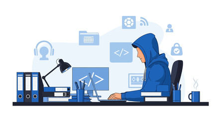 Illustrative depiction of a software developer coding at his desk in a creative workspace
