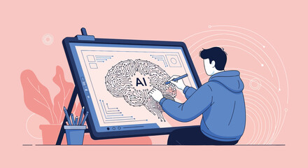 Illustrative depiction of an artist designing an AI brain on a digital drawing tablet workstation