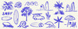 © KPstudio - Hand drawn doodle beach and surf vector illustrations set. Tropical coastal season elements like palm trees, waves, surfboards, and sun perfect for summer design t-shirt, poster, and placard prints.