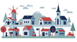 © Hridoy - Charming cartoon village scene with windmill church and cozy houses full of life Flat design vector illustration white background.