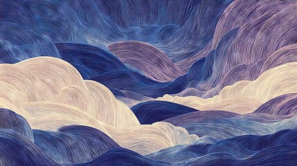Wall Mural -   A painting depicts blue and white waves set against a blue-white background, with a blue sky occupying the center of the image
