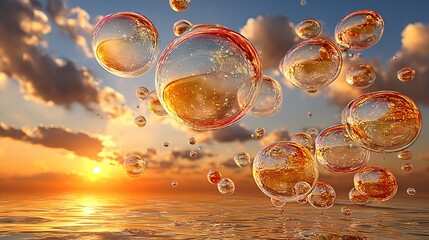 Wall Mural -   A cluster of bubbles gliding through the sky above a tranquil water body during a stunning sunset