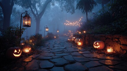 Wall Mural -   The park's cobblestone path is lined with pumpkins illuminated by lanterns at night