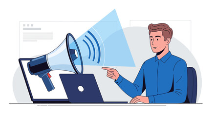 Digital marketing concept with businessman presenting marketing strategy online using a laptop and